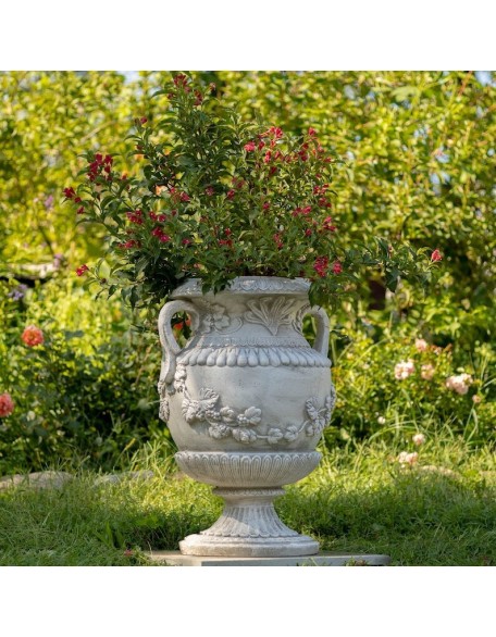31 Inch Tall Urn Style Flower Planter in Antique Gray